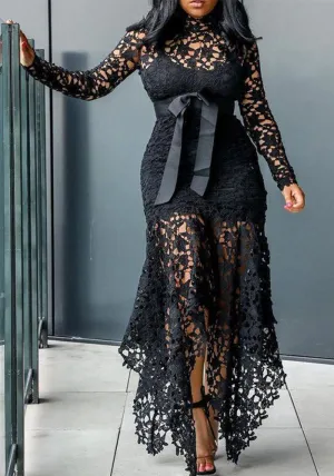 Exquisite High-Neck Long Sleeve Lace Dress with Irregular Hem