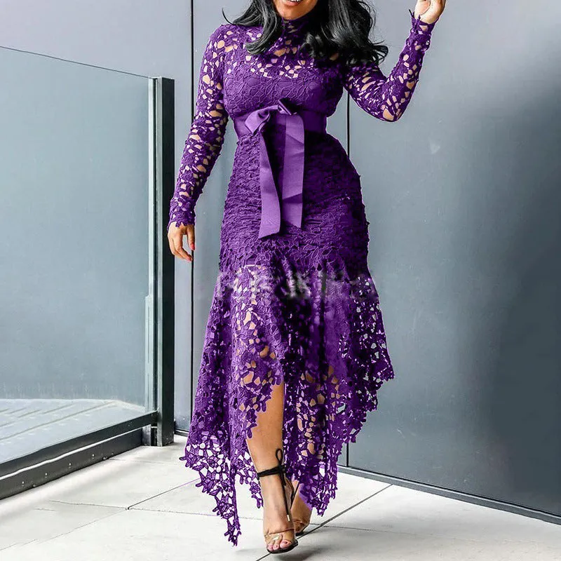 Exquisite High-Neck Long Sleeve Lace Dress with Irregular Hem