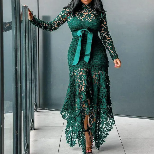 Exquisite High-Neck Long Sleeve Lace Dress with Irregular Hem