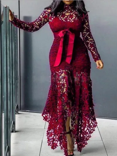 Exquisite High-Neck Long Sleeve Lace Dress with Irregular Hem