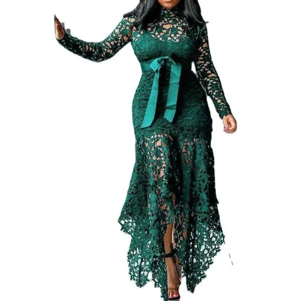Exquisite High-Neck Long Sleeve Lace Dress with Irregular Hem