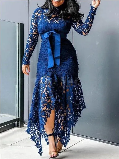 Exquisite High-Neck Long Sleeve Lace Dress with Irregular Hem