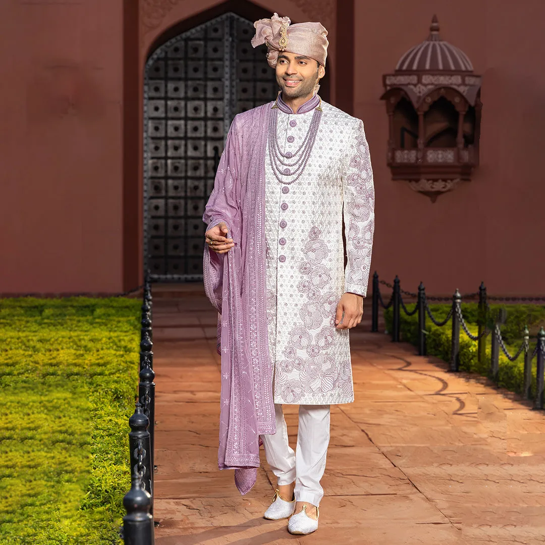 Exquisite Pink and Off-White Sherwani with Luxurious Embroidery
