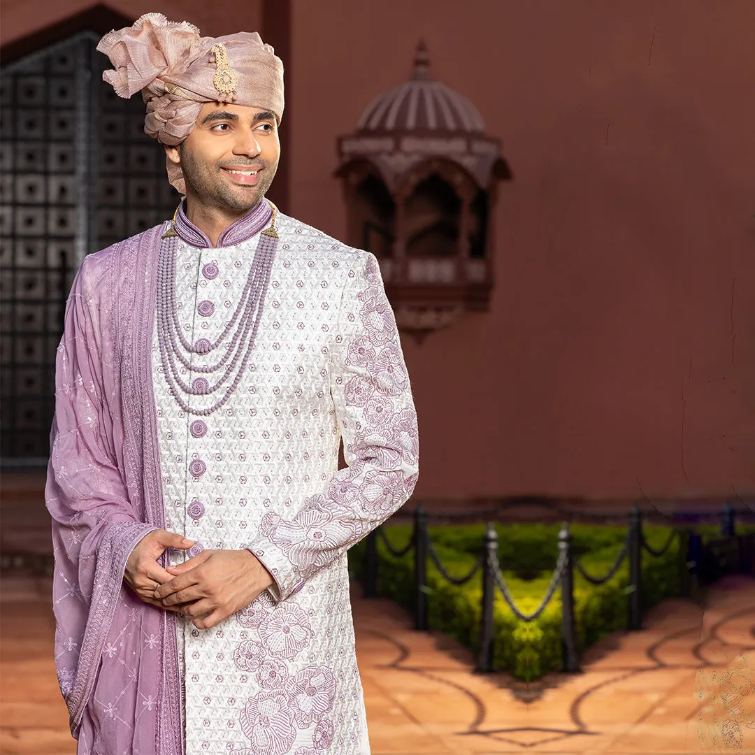 Exquisite Pink and Off-White Sherwani with Luxurious Embroidery