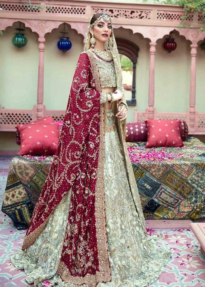 Fabulous Designer Pakistani Bridal Lehnga Choli in Embellished Zardozi Worked White Lehenga with Red Dupatta in Net Chiffon #BN925