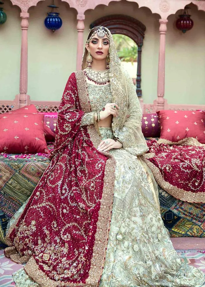 Fabulous Designer Pakistani Bridal Lehnga Choli in Embellished Zardozi Worked White Lehenga with Red Dupatta in Net Chiffon #BN925