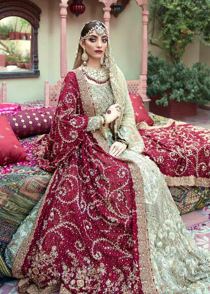 Fabulous Designer Pakistani Bridal Lehnga Choli in Embellished Zardozi Worked White Lehenga with Red Dupatta in Net Chiffon #BN925