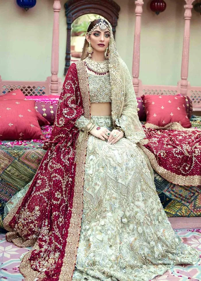 Fabulous Designer Pakistani Bridal Lehnga Choli in Embellished Zardozi Worked White Lehenga with Red Dupatta in Net Chiffon #BN925