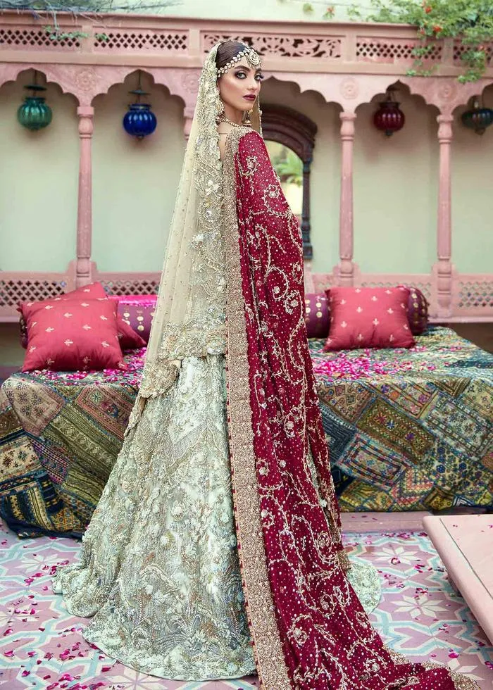 Fabulous Designer Pakistani Bridal Lehnga Choli in Embellished Zardozi Worked White Lehenga with Red Dupatta in Net Chiffon #BN925