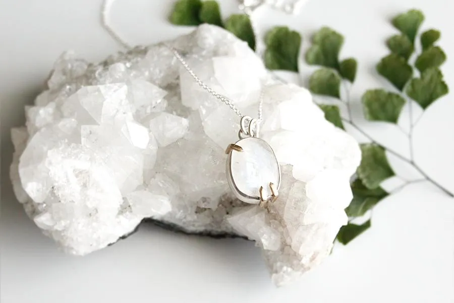 Faceted Moonstone Silver   Gold Necklace