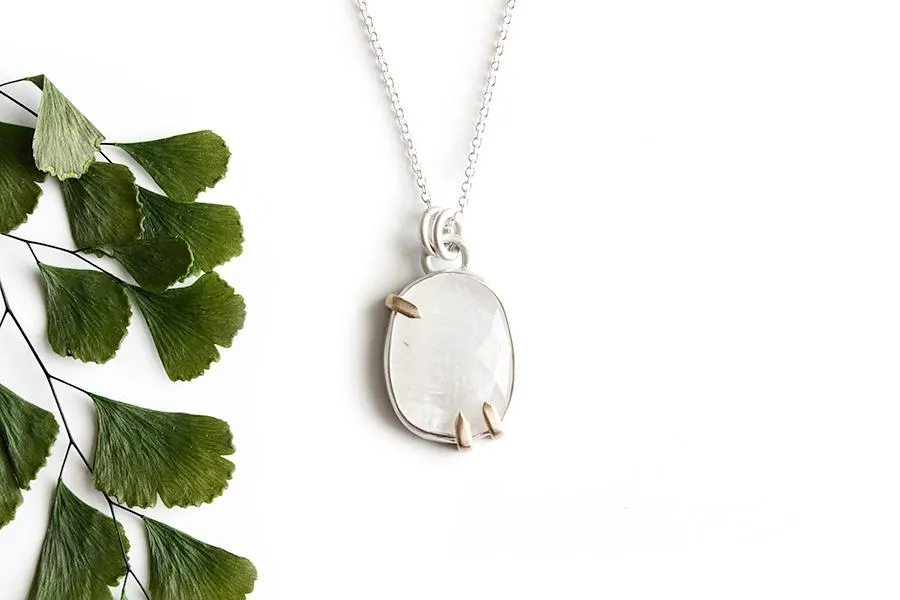 Faceted Moonstone Silver   Gold Necklace