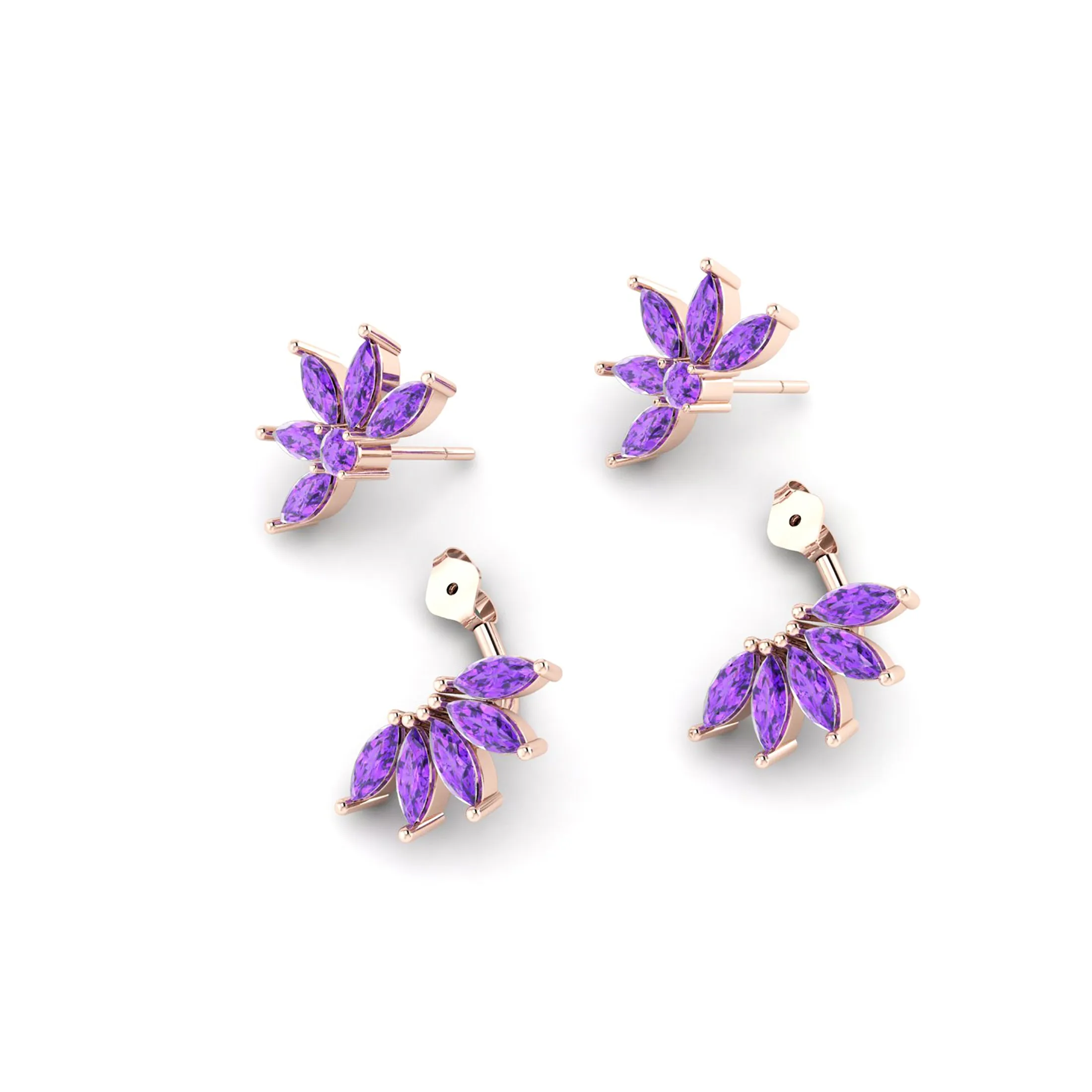 Ferrucci Marquise Amethyst Dangling Earrings Handmade in 18 Karat Rose Gold