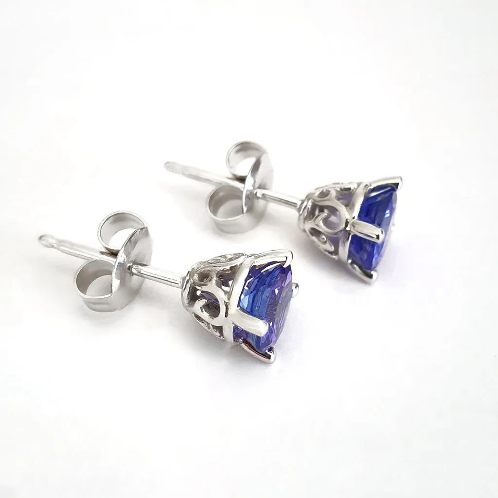 Filigree Round Tanzanite and White Gold Studs