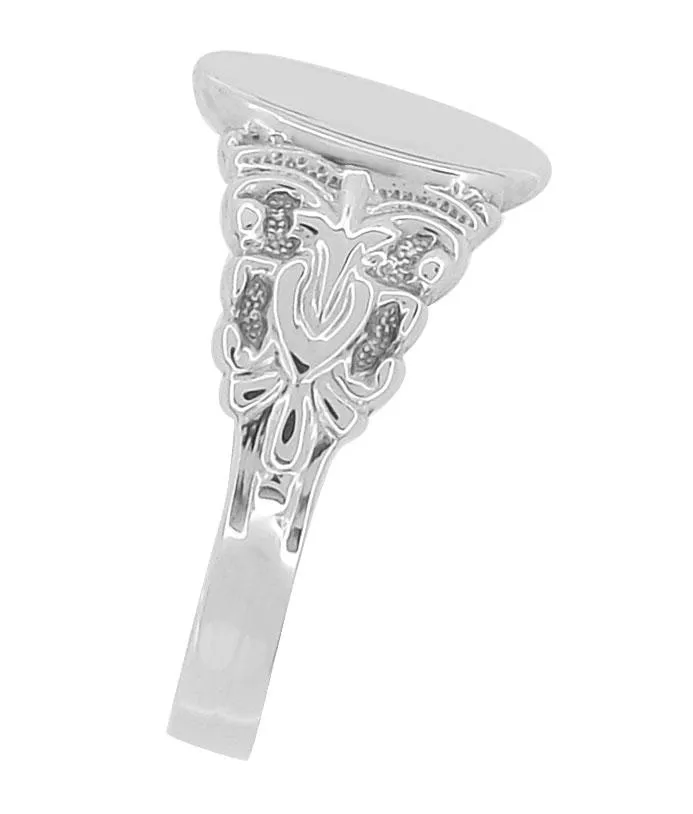 Fleur-de-Lis Victorian Oval Signet Ring in 14 Karat White Gold