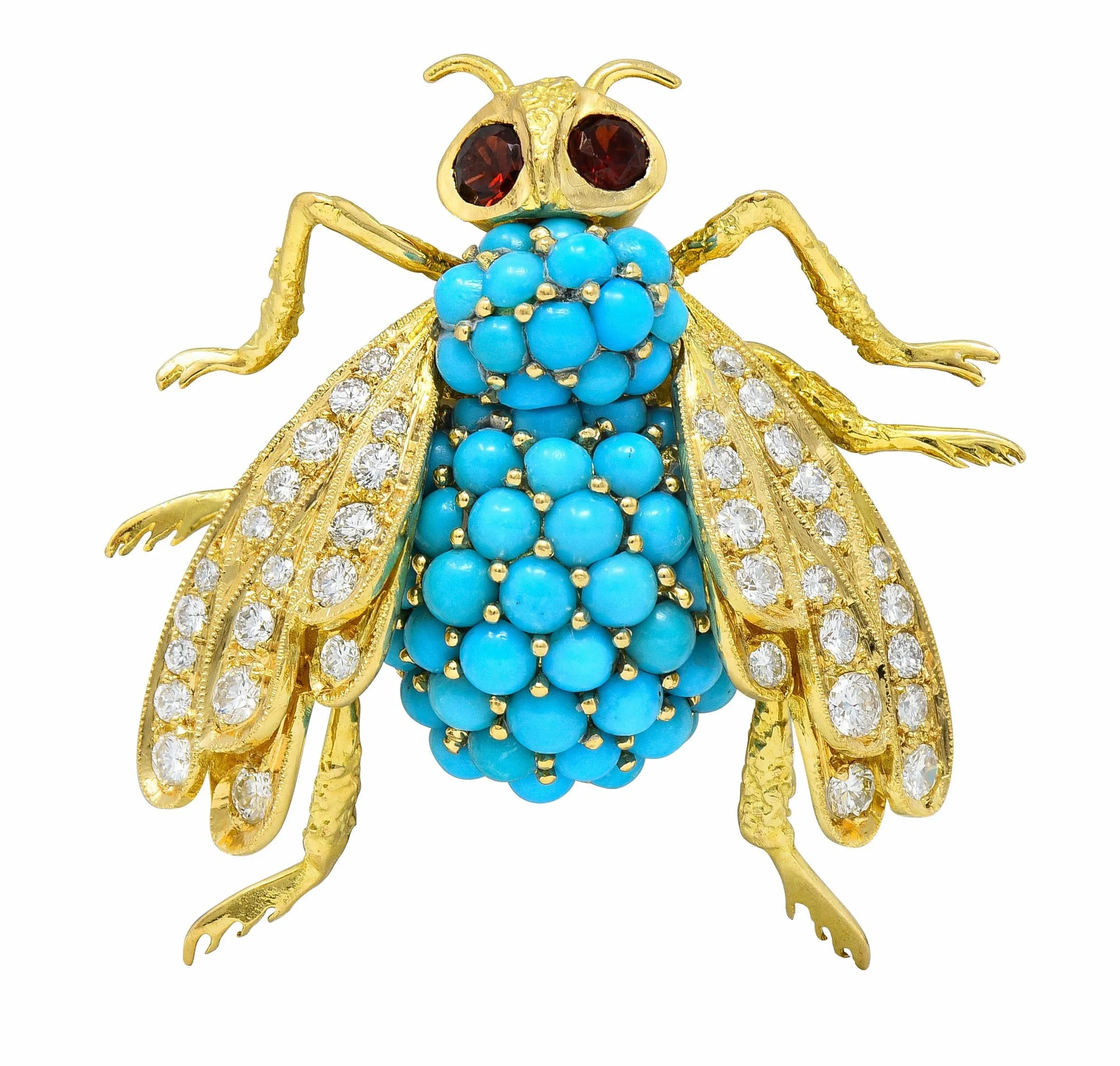 French 1960's 1.30 CTW Diamond Garnet Turquoise 18 Karat Yellow Gold Vintage Bee Brooch