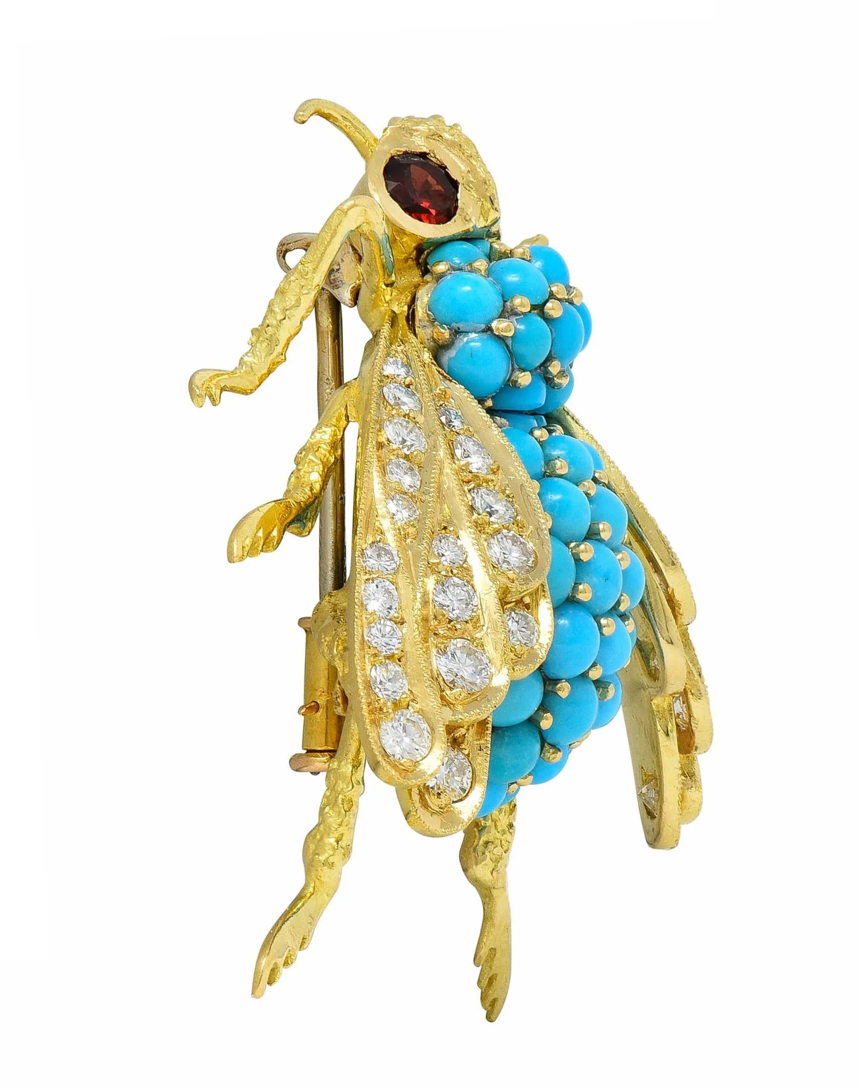 French 1960's 1.30 CTW Diamond Garnet Turquoise 18 Karat Yellow Gold Vintage Bee Brooch