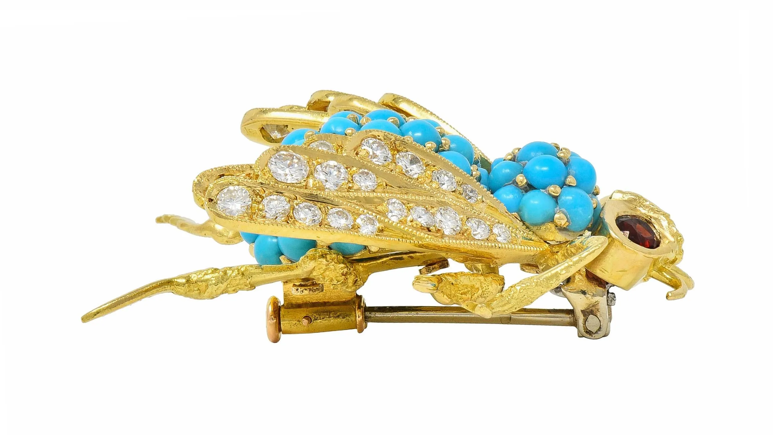 French 1960's 1.30 CTW Diamond Garnet Turquoise 18 Karat Yellow Gold Vintage Bee Brooch