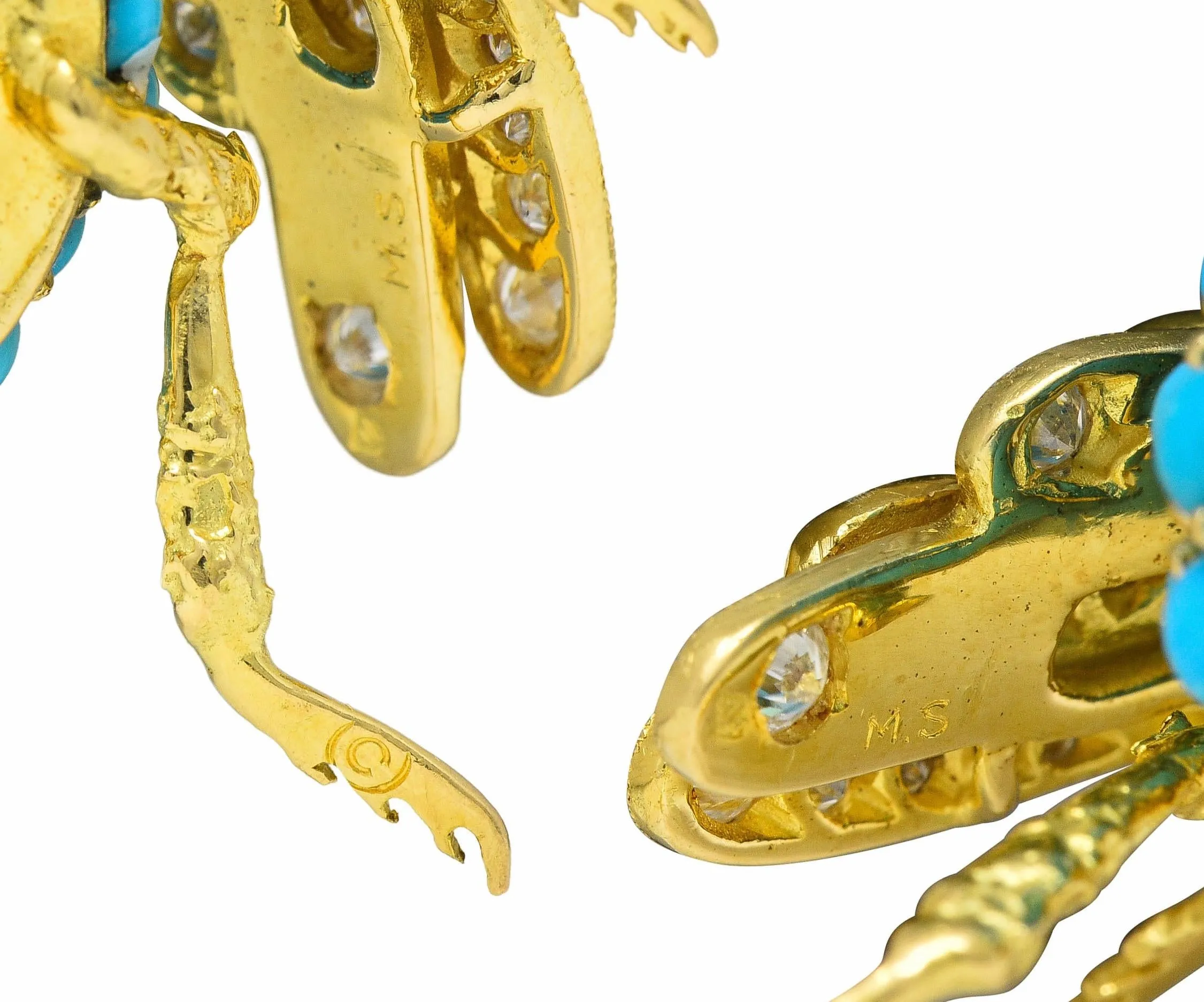 French 1960's 1.30 CTW Diamond Garnet Turquoise 18 Karat Yellow Gold Vintage Bee Brooch