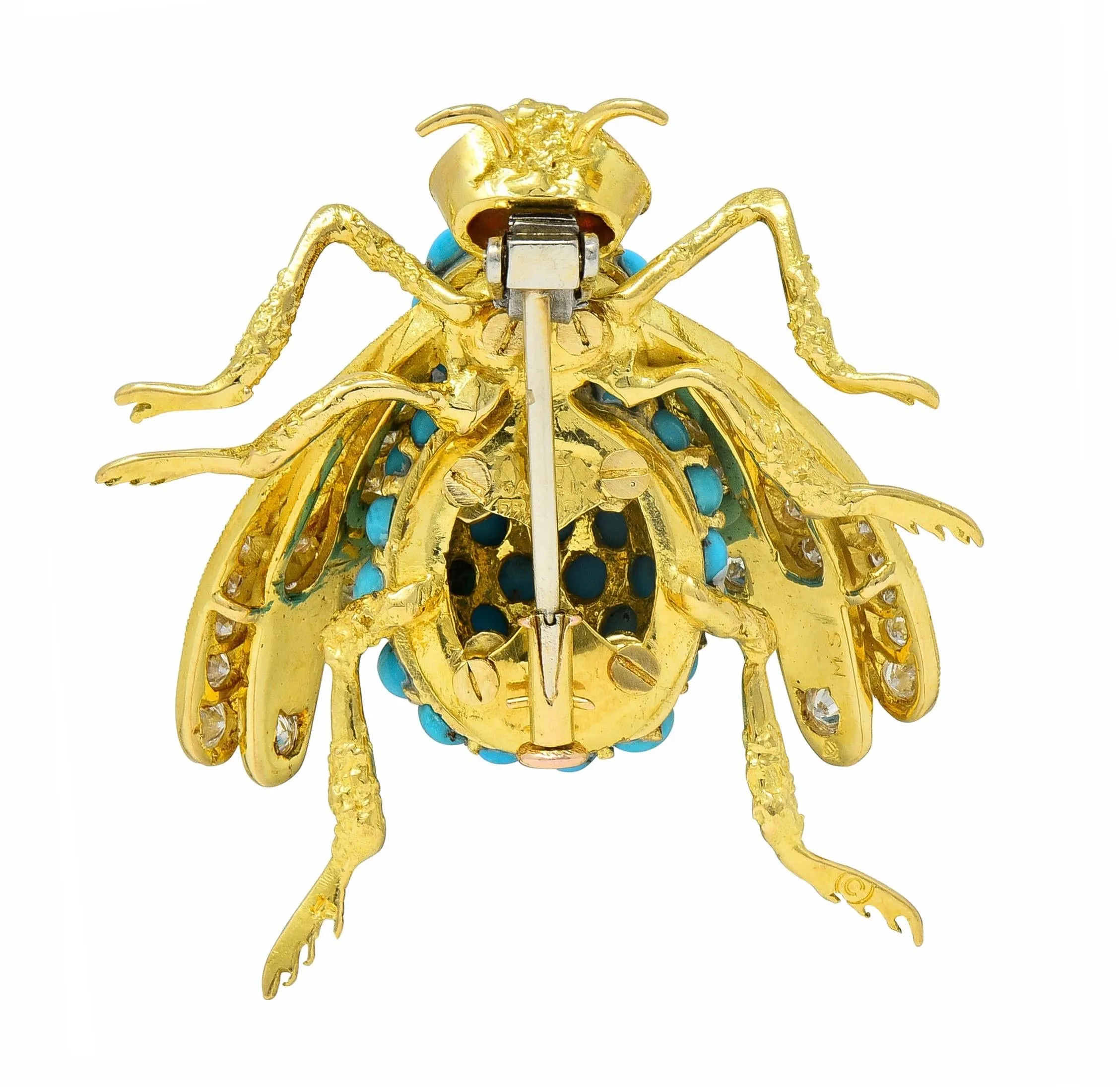French 1960's 1.30 CTW Diamond Garnet Turquoise 18 Karat Yellow Gold Vintage Bee Brooch