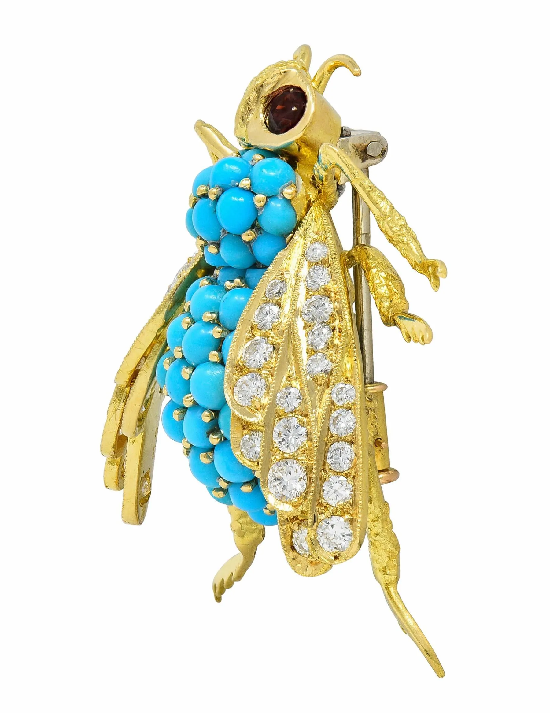 French 1960's 1.30 CTW Diamond Garnet Turquoise 18 Karat Yellow Gold Vintage Bee Brooch