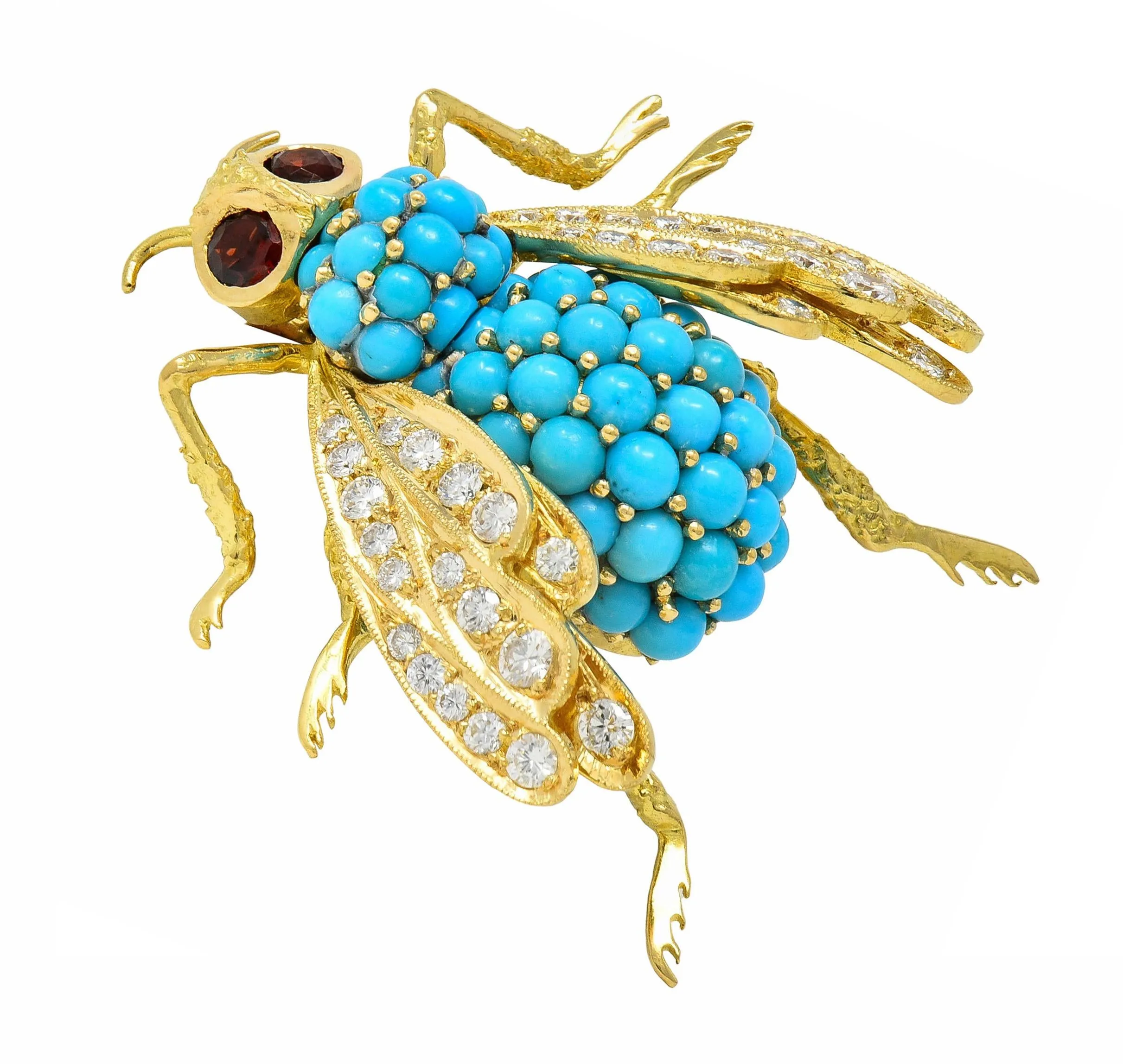 French 1960's 1.30 CTW Diamond Garnet Turquoise 18 Karat Yellow Gold Vintage Bee Brooch