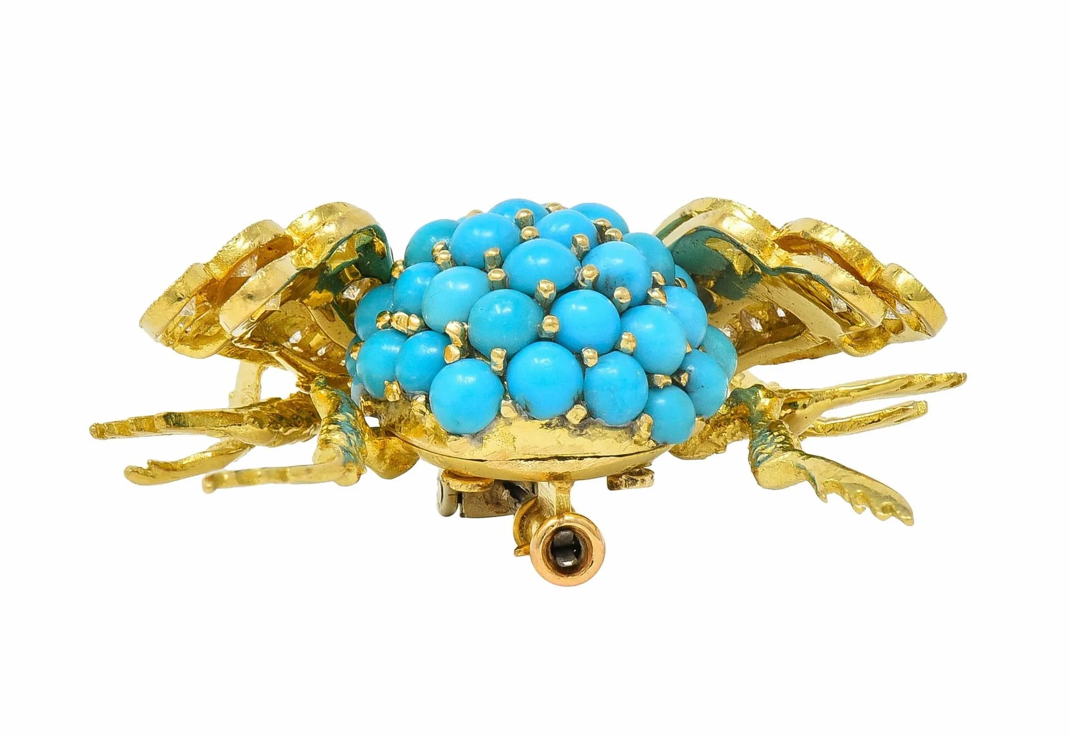 French 1960's 1.30 CTW Diamond Garnet Turquoise 18 Karat Yellow Gold Vintage Bee Brooch
