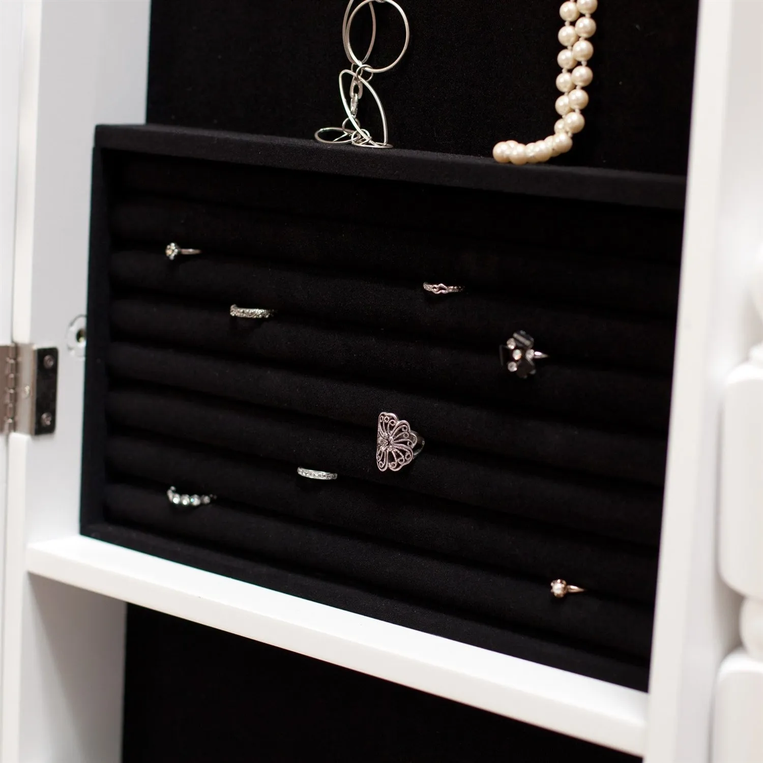 Full Length Tilting Cheval Mirror Jewelry Armoire Cabinet in Gloss White