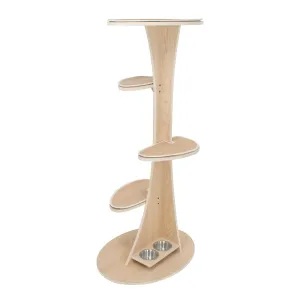 Futuristic Cat Tree With Natural Wood Finish & Built In Food Bowls