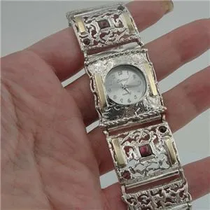 Garnet Bracelet Watch 9k Gold 925 Silver Filigree Handmade Hadar Designers (B)Y