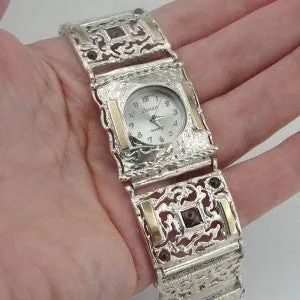 Garnet Bracelet Watch 9k Gold 925 Silver Filigree Handmade Hadar Designers (B)Y