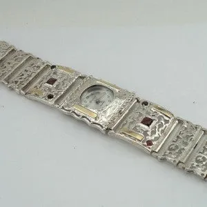 Garnet Bracelet Watch 9k Gold 925 Silver Filigree Handmade Hadar Designers (B)Y