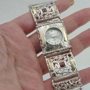 Garnet Bracelet Watch 9k Gold 925 Silver Filigree Handmade Hadar Designers (B)Y