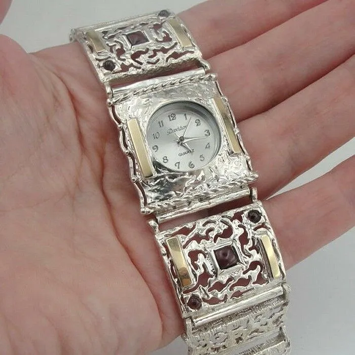 Garnet Bracelet Watch 9k Gold 925 Silver Filigree Handmade Hadar Designers (B)Y