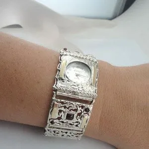 Garnet Bracelet Watch 9k Gold 925 Silver Filigree Handmade Hadar Designers (B)Y