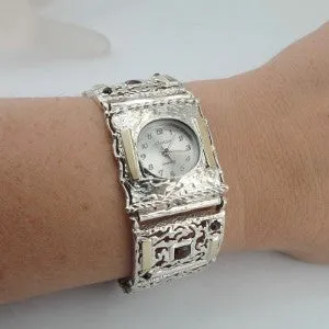 Garnet Bracelet Watch 9k Gold 925 Silver Filigree Handmade Hadar Designers (B)Y