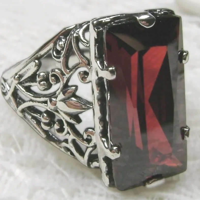 Garnet Ring, Baguette Gem, Floral Leaf Filigree, Victorian Jewelry, D32