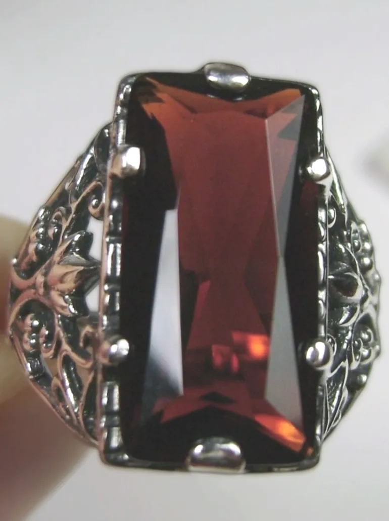 Garnet Ring, Baguette Gem, Floral Leaf Filigree, Victorian Jewelry, D32