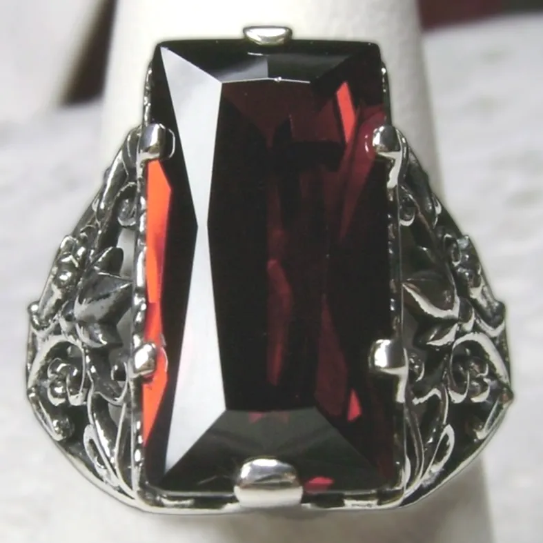 Garnet Ring, Baguette Gem, Floral Leaf Filigree, Victorian Jewelry, D32