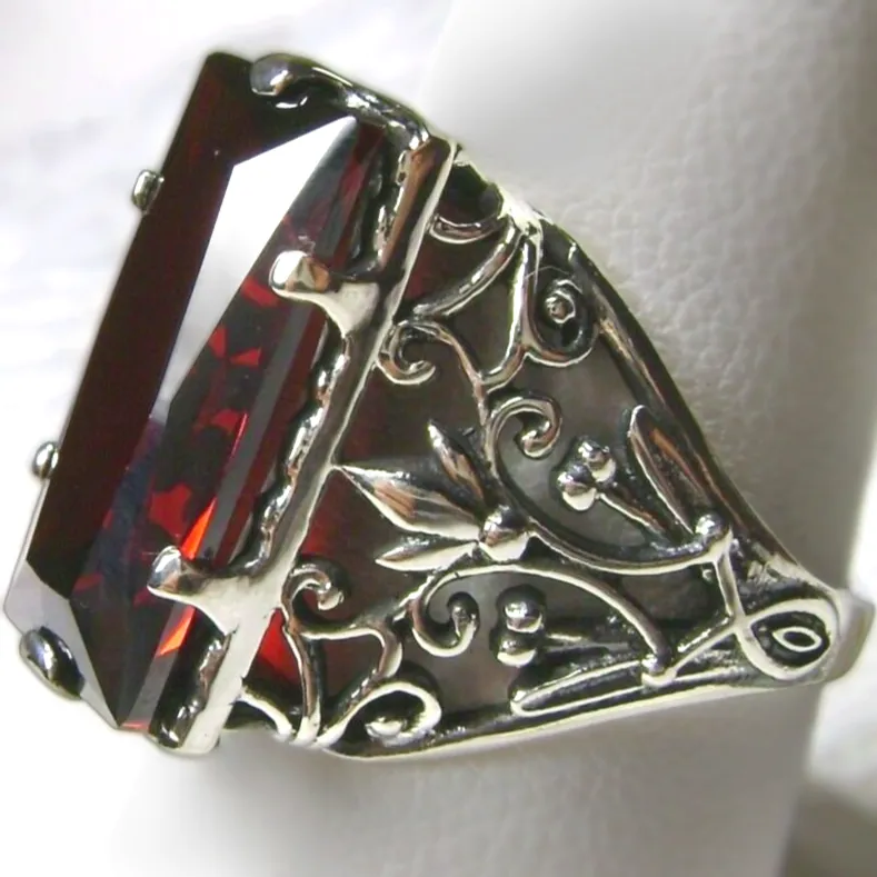 Garnet Ring, Baguette Gem, Floral Leaf Filigree, Victorian Jewelry, D32