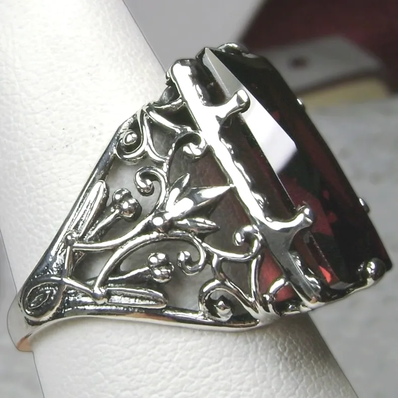 Garnet Ring, Baguette Gem, Floral Leaf Filigree, Victorian Jewelry, D32