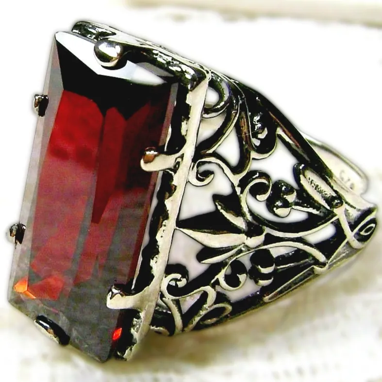 Garnet Ring, Baguette Gem, Floral Leaf Filigree, Victorian Jewelry, D32