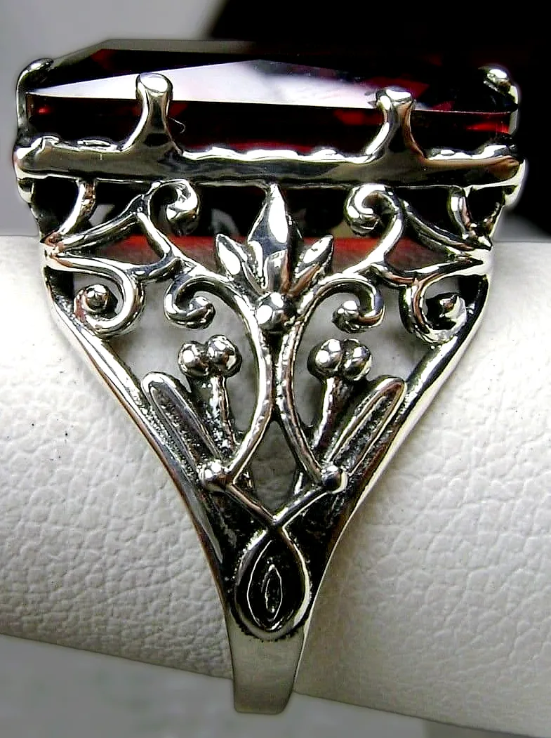 Garnet Ring, Baguette Gem, Floral Leaf Filigree, Victorian Jewelry, D32