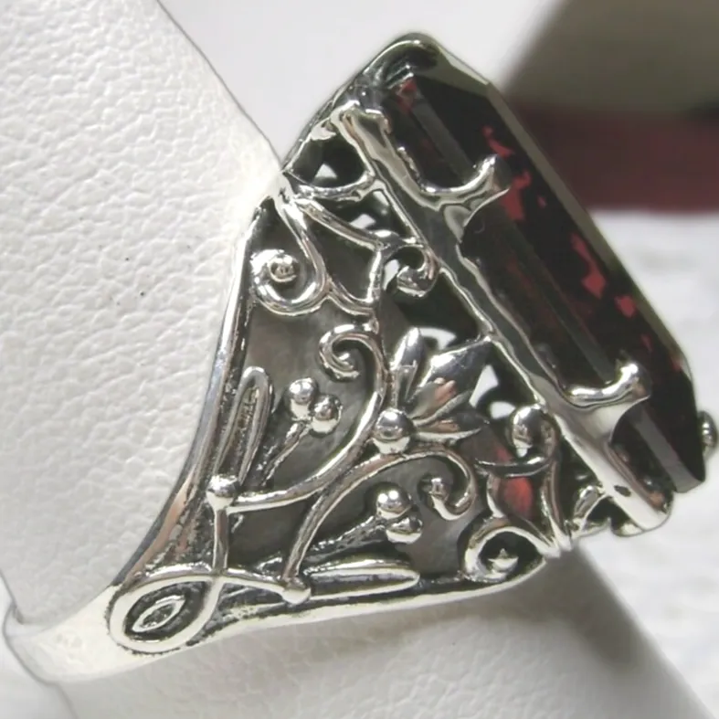Garnet Ring, Baguette Gem, Floral Leaf Filigree, Victorian Jewelry, D32