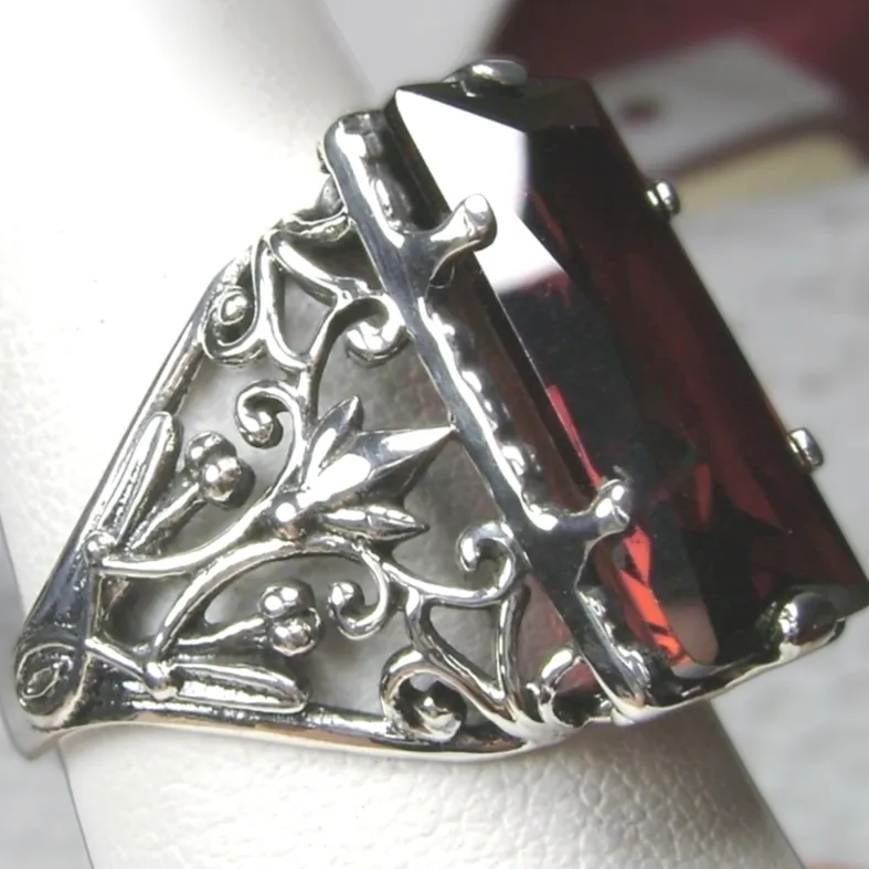 Garnet Ring, Baguette Gem, Floral Leaf Filigree, Victorian Jewelry, D32