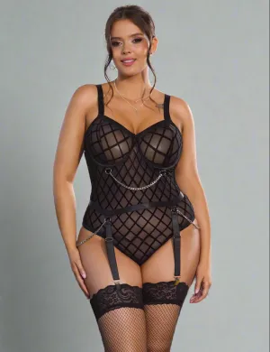 Geometric Teddy with Mesh and Chain - Bodysuit and Garter Belt by Scandals
