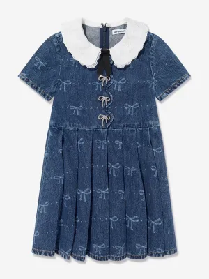 Girls Bow Denim Mini Dress in Blue