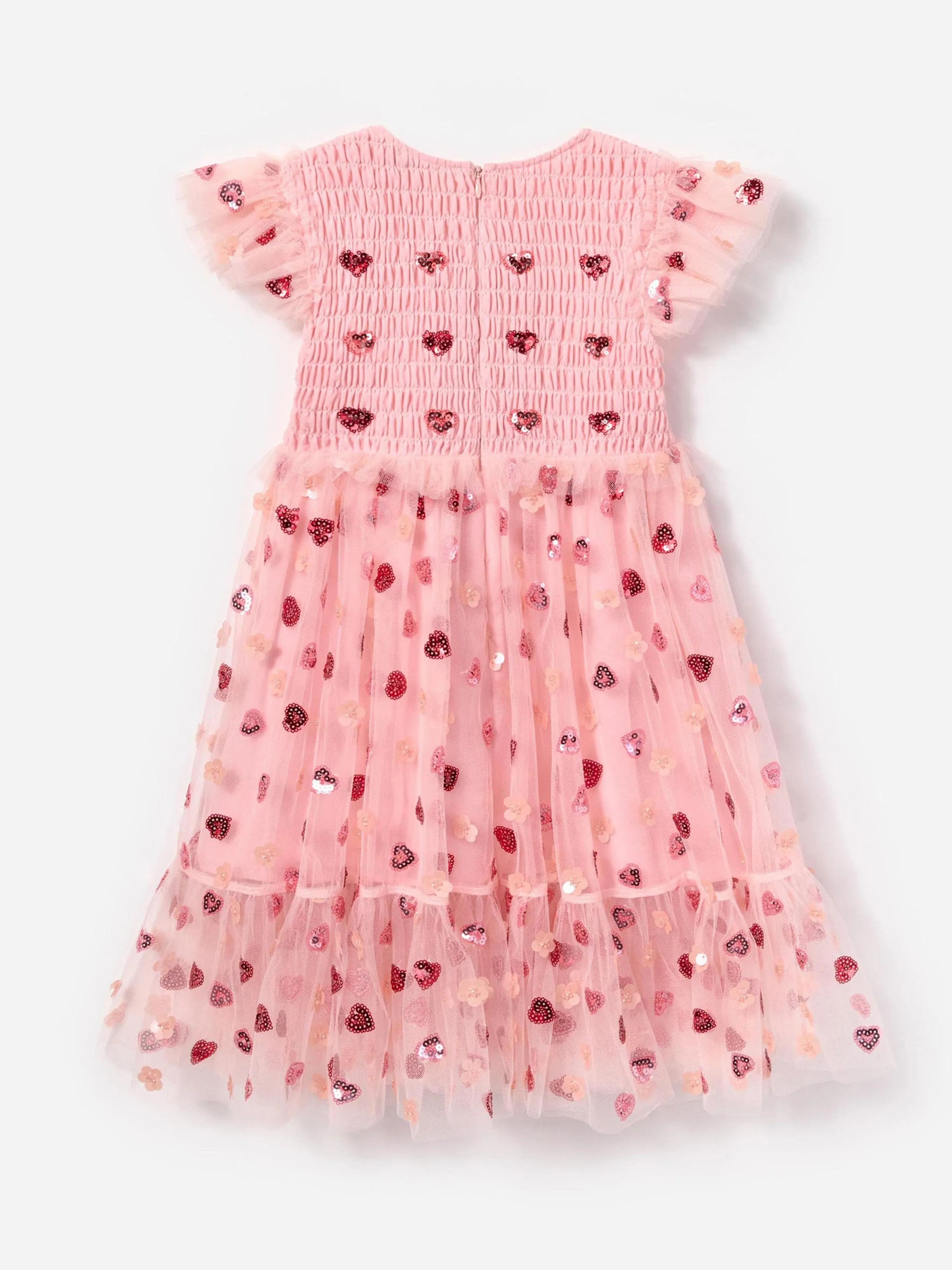 Girls Mesh Heart Sequin Dress in Pink