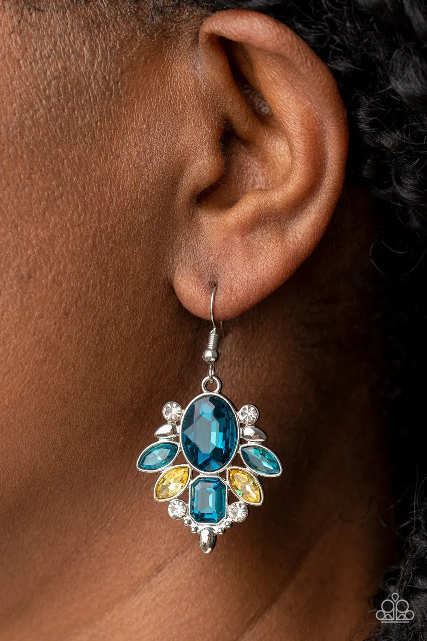 Glitzy Go-Getter Multi Blue Yellow Rhinestone Paparazzi Fishhook Earrings