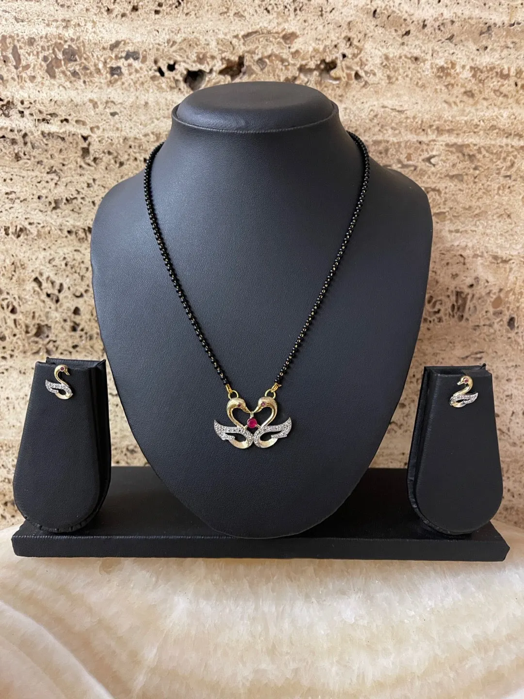 Gold Plated Short Artificial American Diamond Mangalsutra Set Swan Pendant With Black Beads Chain