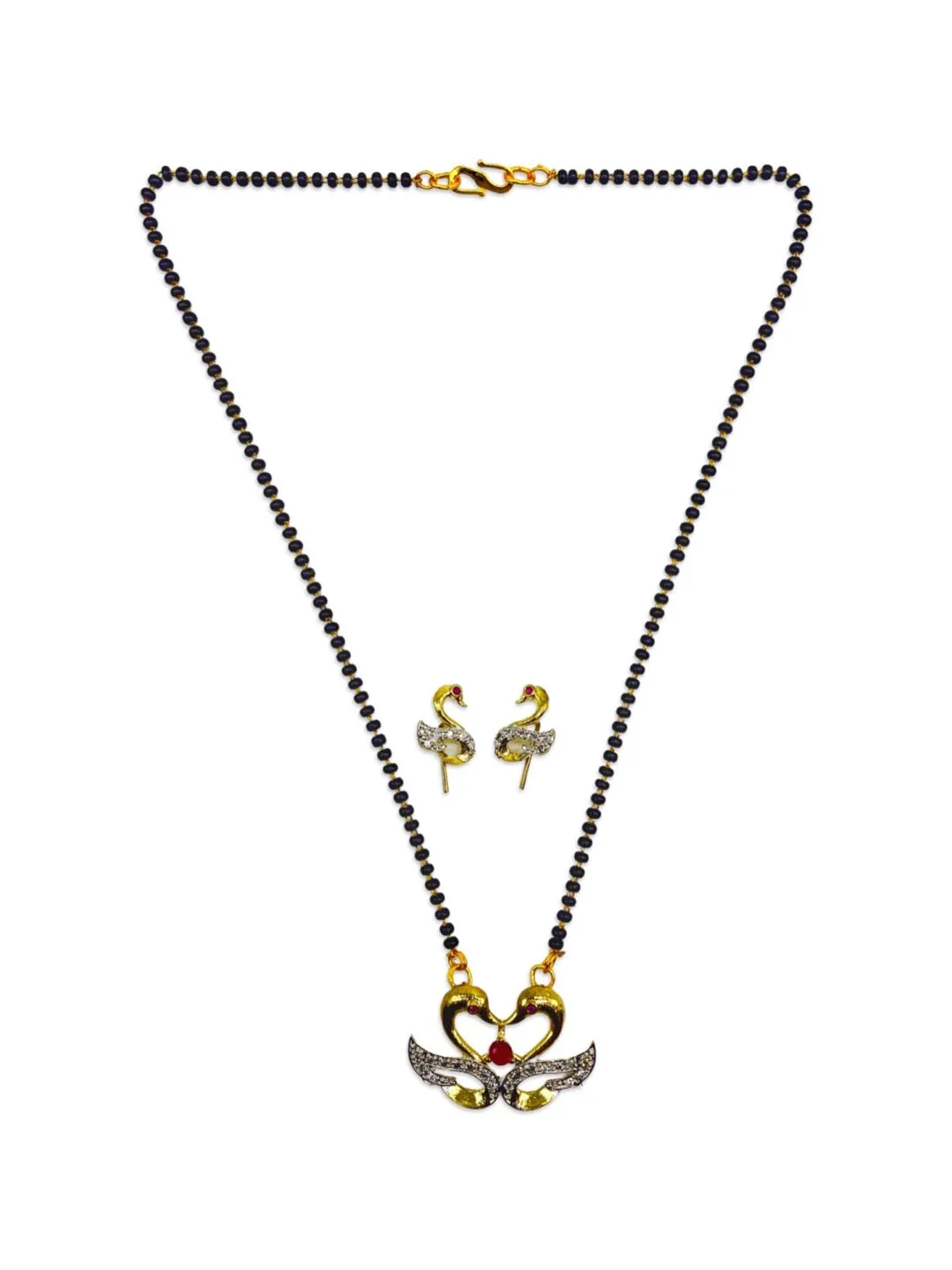 Gold Plated Short Artificial American Diamond Mangalsutra Set Swan Pendant With Black Beads Chain